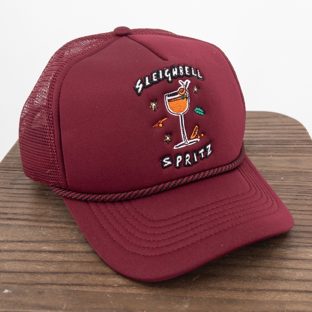 Anthropologie Nephthys Illustrated Sleighbell Spritz Trucker Hat Burgundy NWT - Picture 2 of 6